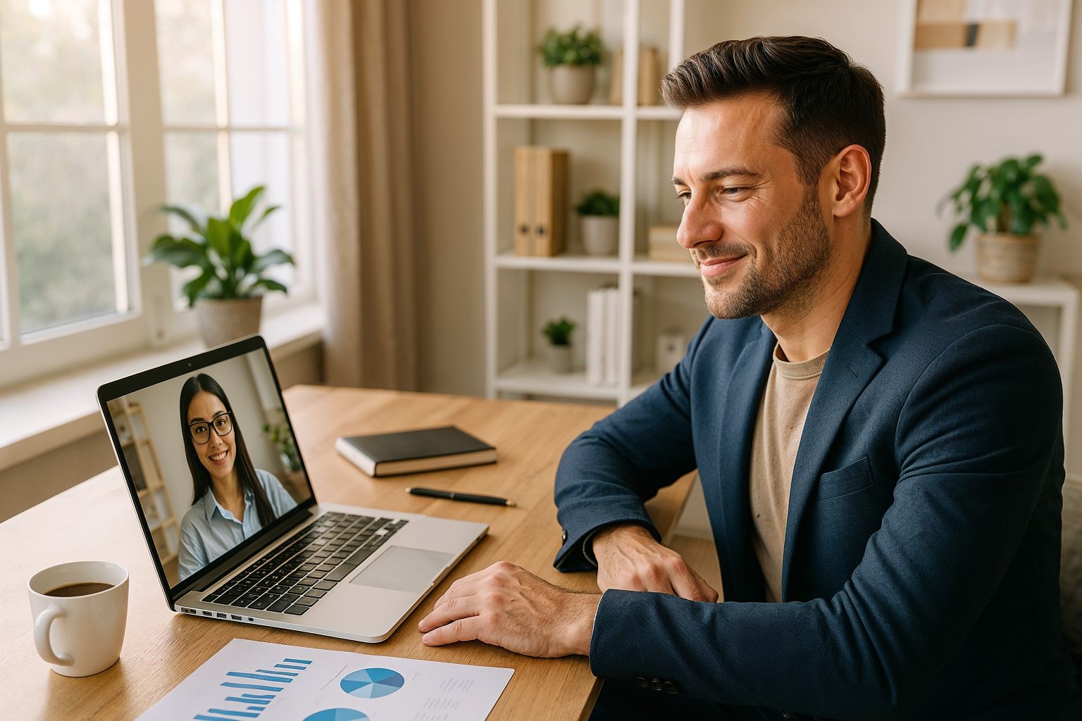 Man engaging in a video call with a woman on a laptop, discussing business growth strategies, with charts and a coffee cup on the table.