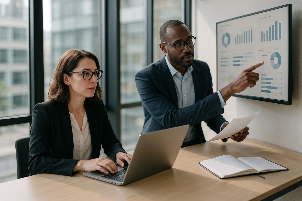Professional team discussing industry-specific marketing strategies, with a man pointing at data visualizations on a screen and a woman taking notes on a laptop.