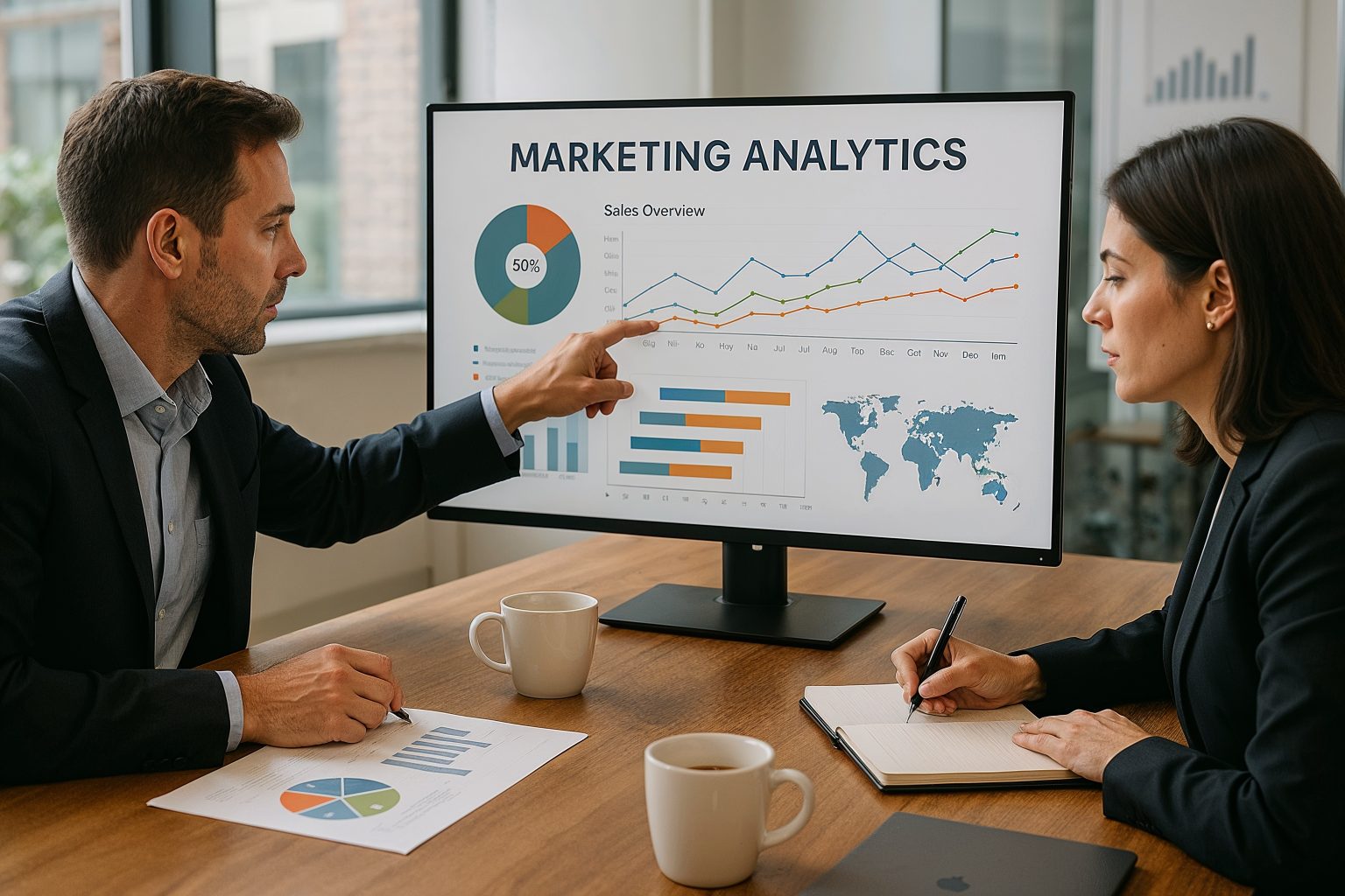 Business professionals analyzing marketing analytics data on a screen, discussing sales overview and strategies, with charts and graphs illustrating performance metrics.