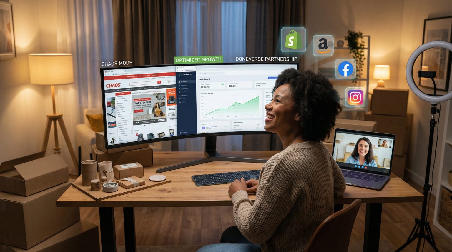 Woman smiling while working at a desk with dual monitors displaying eCommerce data and social media icons, showcasing the benefits of Doneverse's virtual assistant services for optimized growth in online stores.