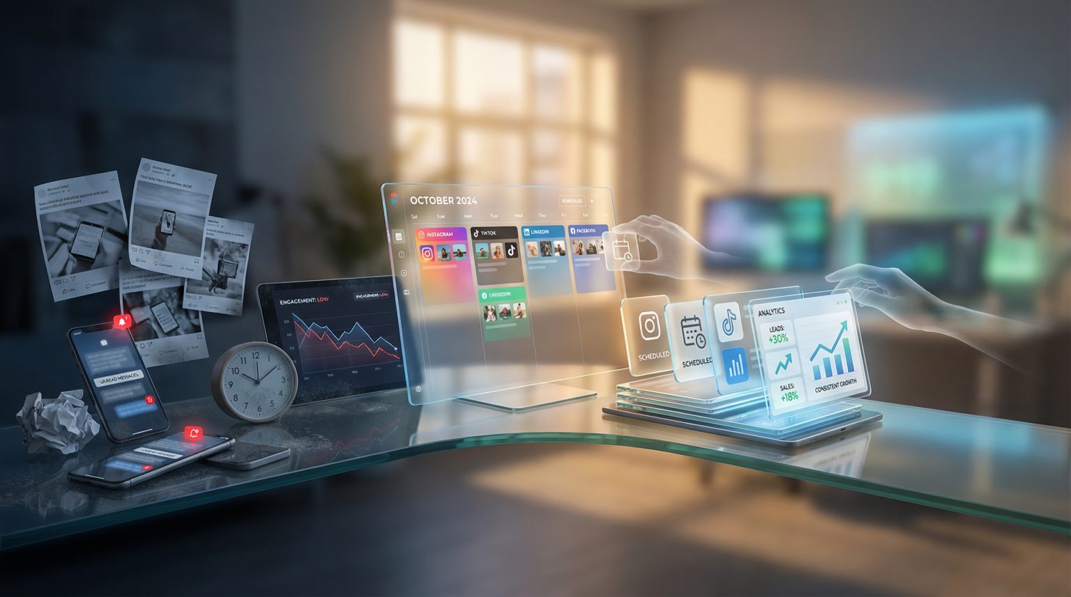 Digital workspace showcasing social media management tools, including a calendar for scheduling posts on platforms like Instagram and TikTok, analytics displaying engagement metrics, and notifications on mobile devices, emphasizing marketing efficiency and growth strategies for businesses.