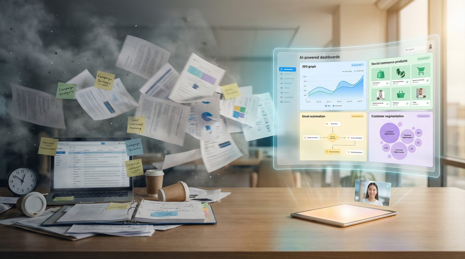 Virtual marketing assistant workspace with chaotic documents, AI-powered dashboards, and a digital assistant image, illustrating marketing efficiency challenges and solutions.