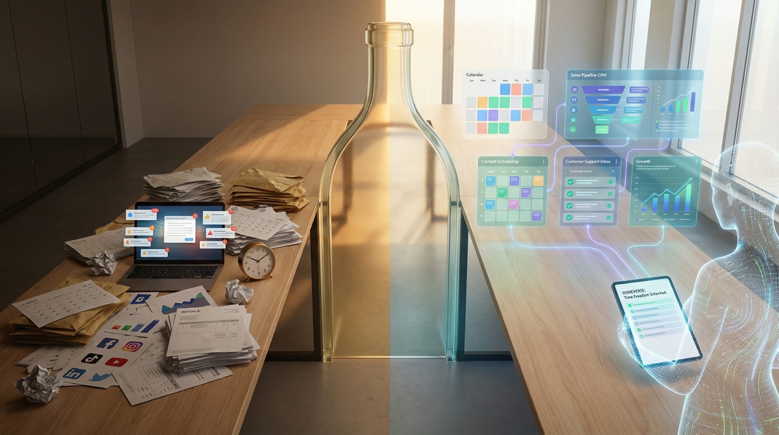 Laptop on a desk cluttered with papers and envelopes, featuring digital overlays of project management tools and virtual assistant capabilities, symbolizing business growth and productivity enhancement through virtual assistance.