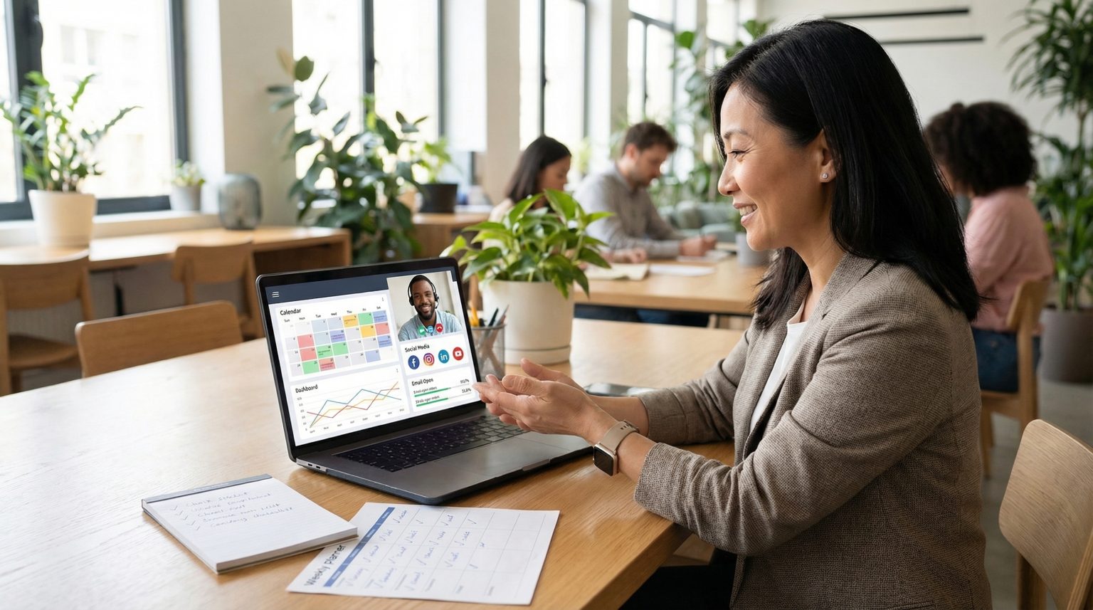 Woman engaging in a video call on a laptop, discussing digital marketing strategies with a virtual assistant, surrounded by a collaborative workspace with plants and colleagues in the background.
