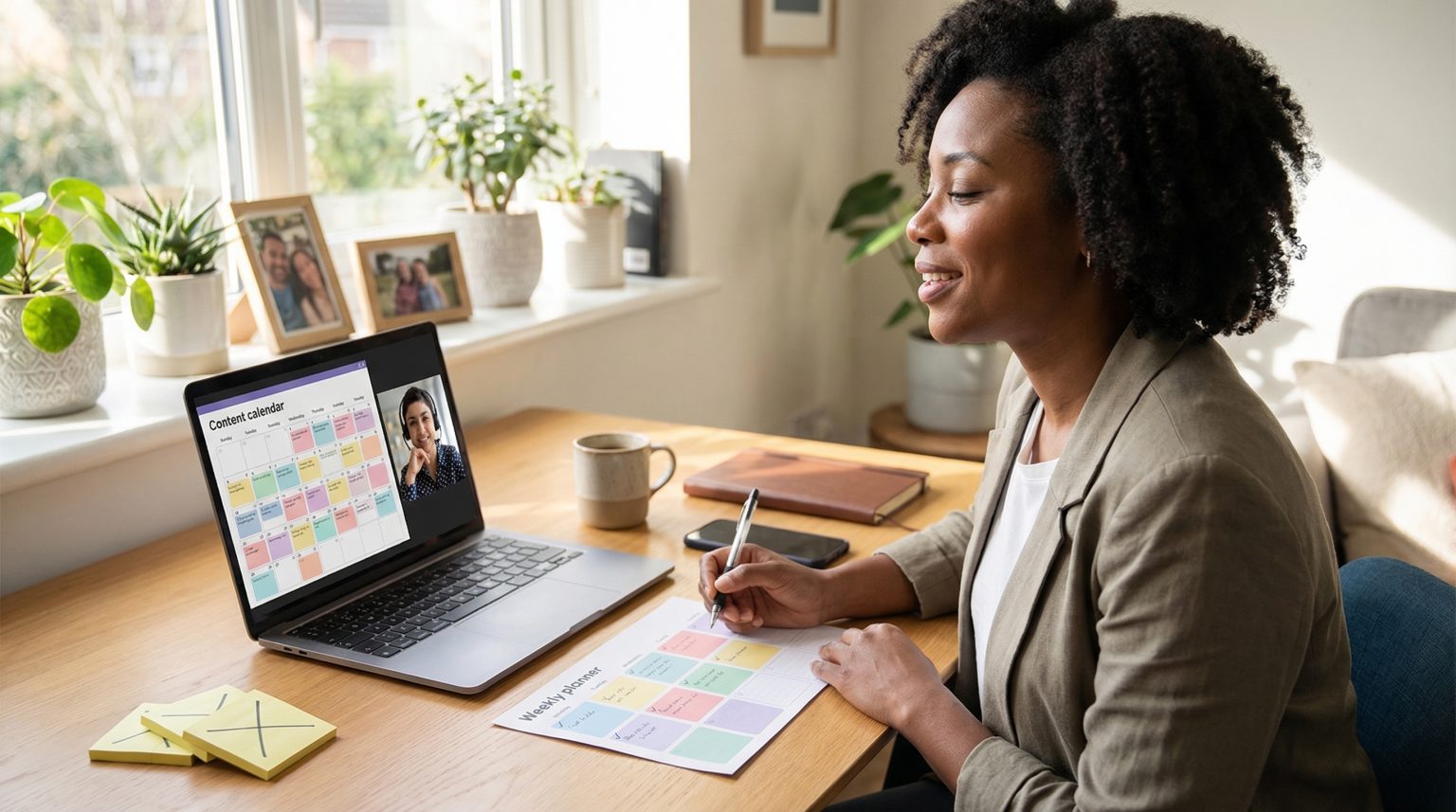 Woman in a blazer engaging in a video call, using a laptop displaying a content calendar, while writing on a weekly planner at a desk with plants and coffee, illustrating marketing efficiency and strategic planning for busy business owners.