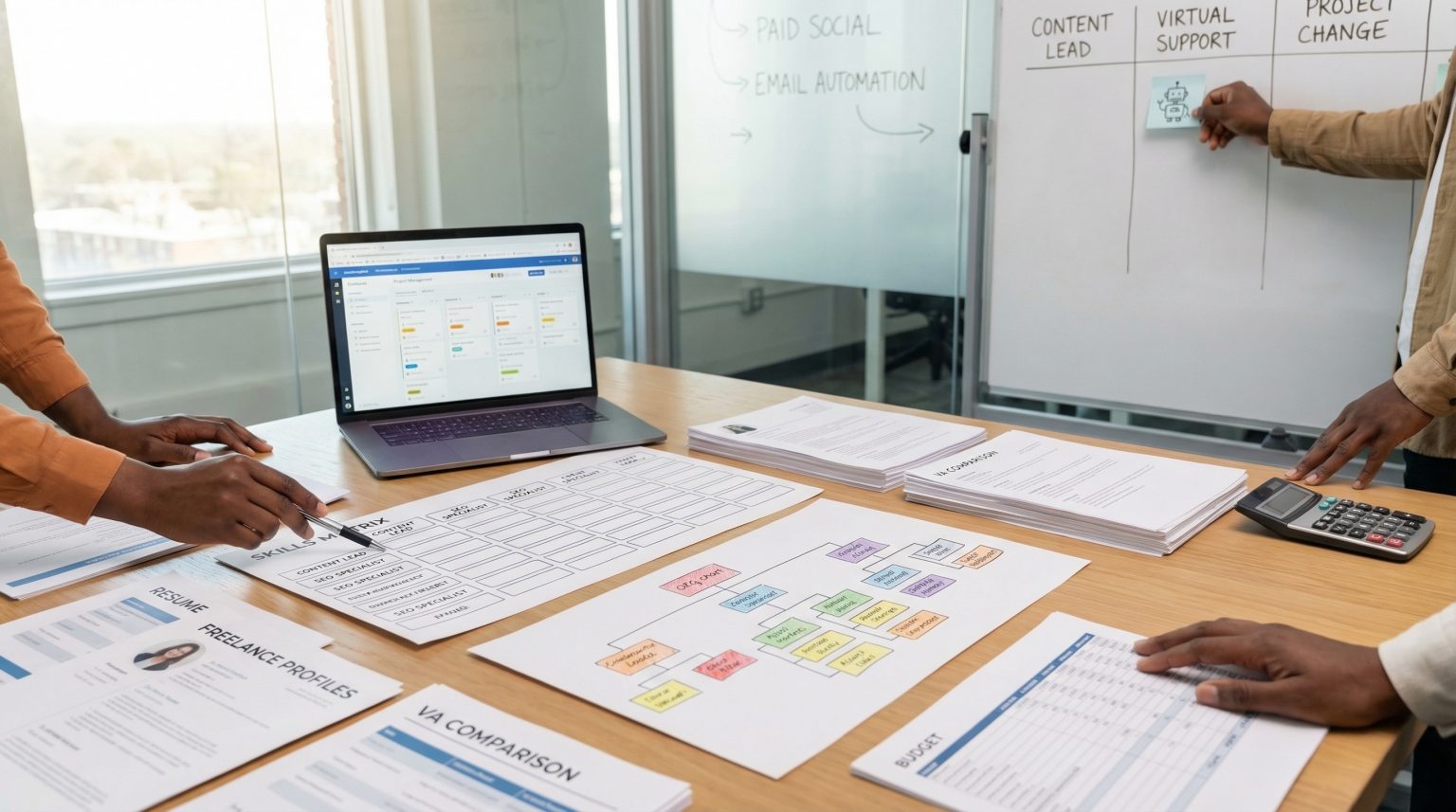 Hands organizing marketing strategy documents and a laptop displaying project management software in a collaborative workspace, emphasizing efficient team scaling and virtual support solutions.