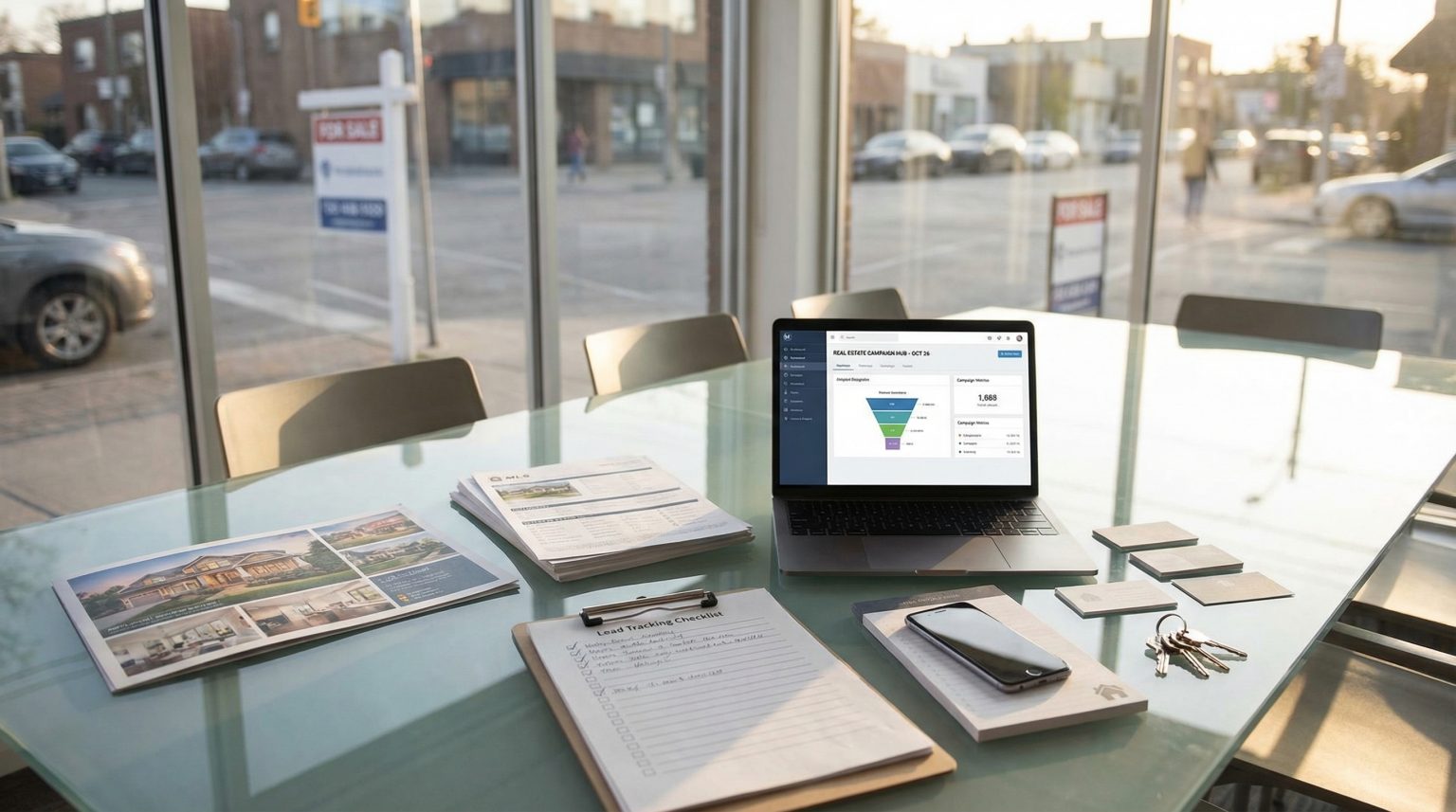 Laptop displaying real estate marketing analytics, brochures on table, clipboard with lead tracking checklist, and smartphone, in a modern office setting with a "For Sale" sign visible outside.