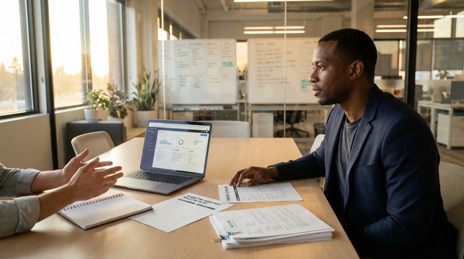 Business meeting with a man in a blazer discussing marketing strategies, laptop displaying analytics, papers labeled "Marketing Assistant Role Checklist" on table.