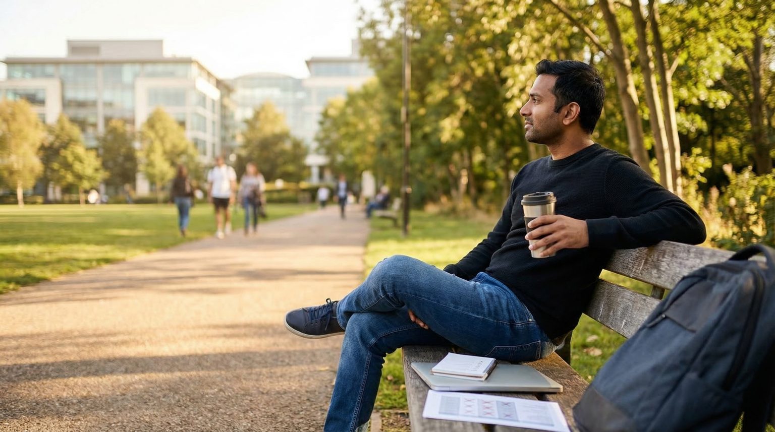 Man sitting on a bench in a park, holding a coffee cup, with a notebook and laptop nearby, surrounded by greenery and people walking, reflecting themes of time management and productivity.