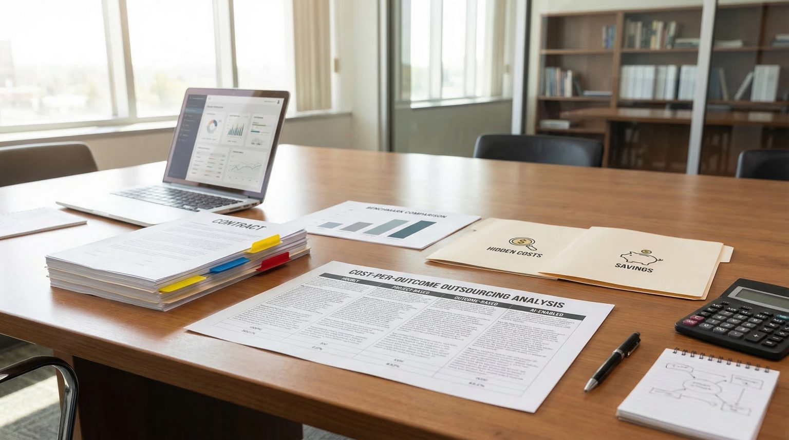 Workspace with laptop displaying data analytics, documents on cost-per-outcome outsourcing analysis, contract, and folders labeled "Hidden Costs" and "Savings," emphasizing strategic decision-making in business outsourcing.