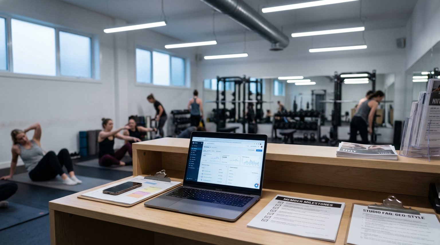 Laptop displaying analytics in a fitness studio with people exercising in the background, emphasizing virtual event planning and marketing efficiency in tech-driven industries.