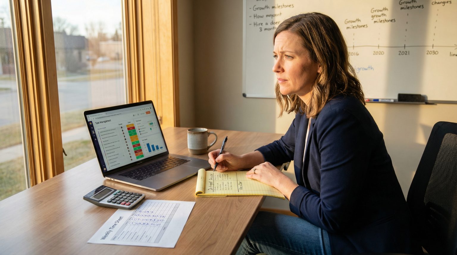 Woman focused on task management while writing notes, with a laptop displaying project charts and a calculator on a desk, symbolizing business growth and efficiency.