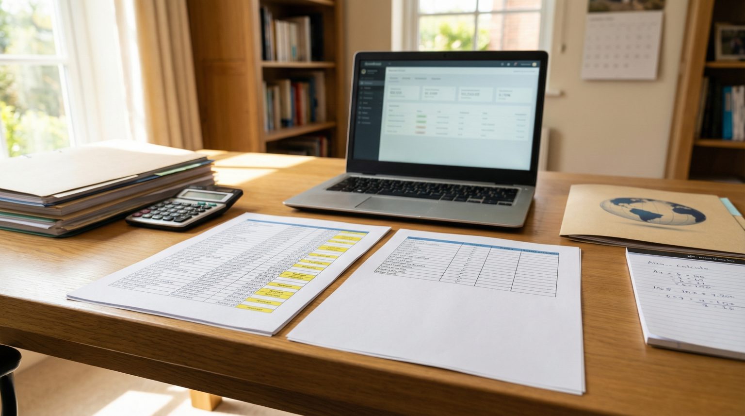Laptop displaying cost analysis data alongside financial documents and a calculator on a wooden desk, highlighting business efficiency and operational management for founders.