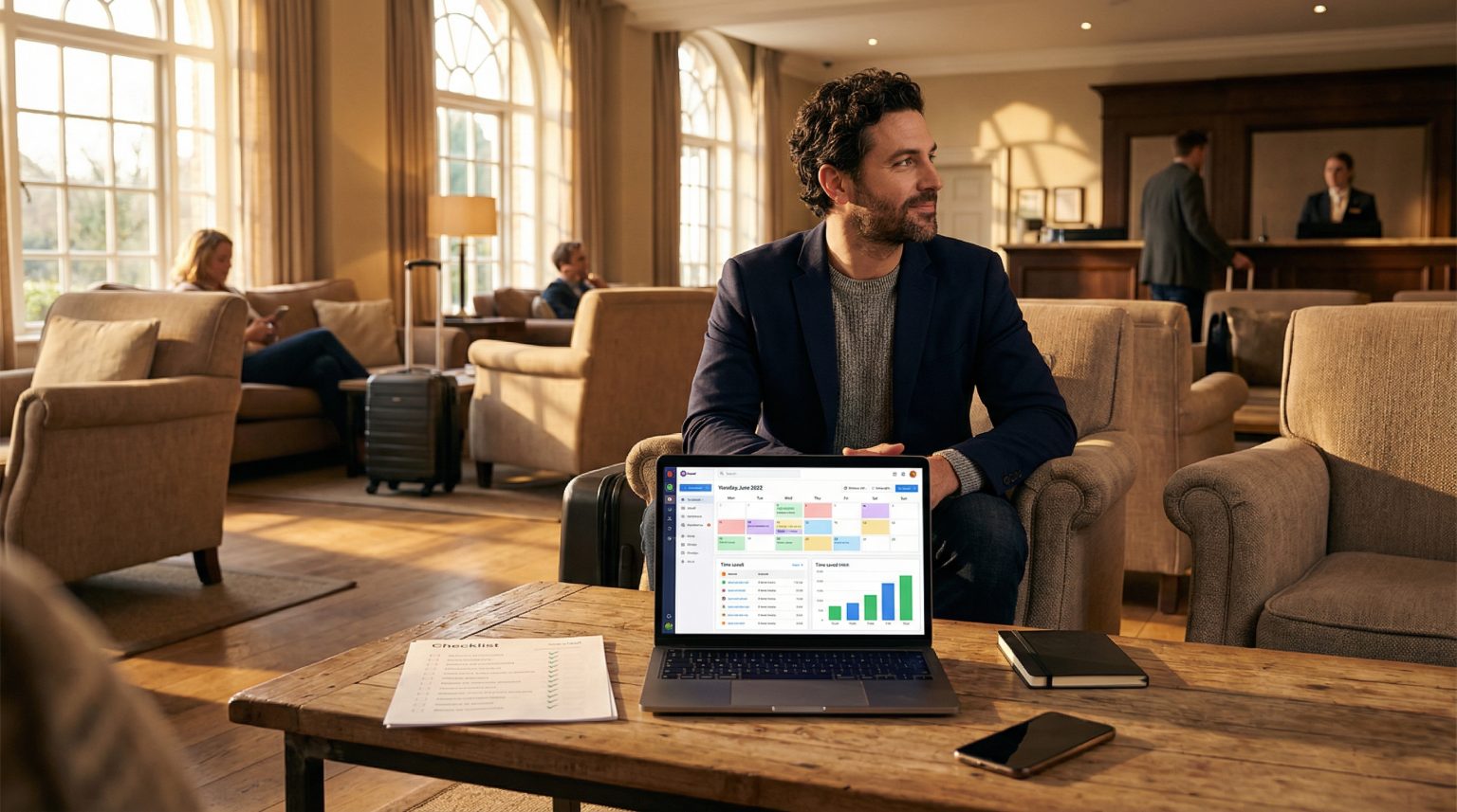 Man sitting in a cozy lounge with a laptop displaying a time management dashboard, checklist on a table, and a woman using a smartphone in the background, illustrating productivity and delegation for business owners.
