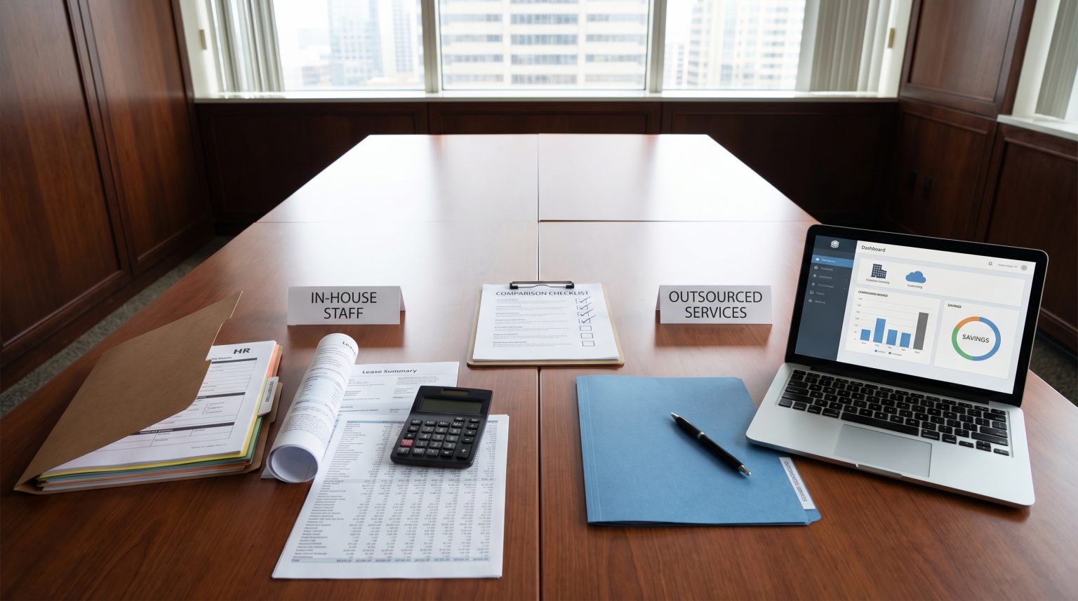 In-house staff and outsourced services comparison setup with a checklist, financial documents, calculator, and laptop displaying savings dashboard in a corporate meeting room.