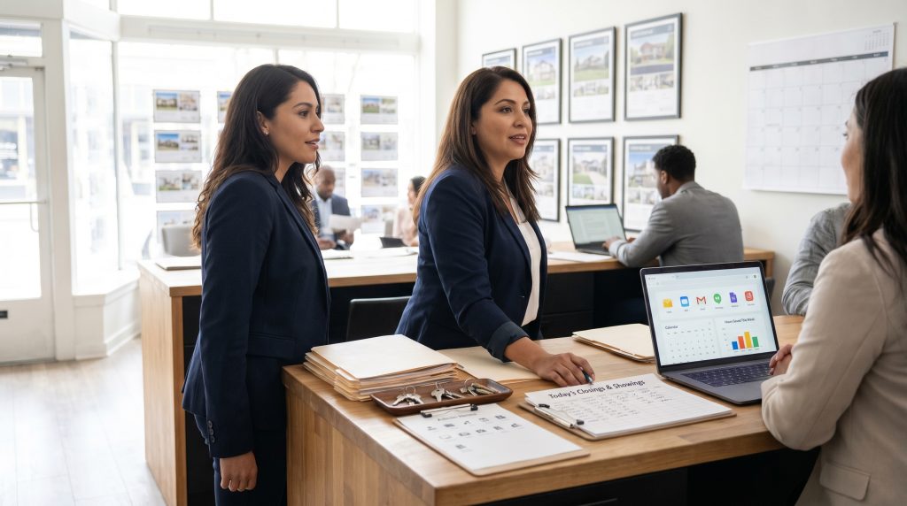 Two women in professional attire discussing at a reception desk with a laptop and documents, showcasing a collaborative office environment for business growth and virtual assistance.