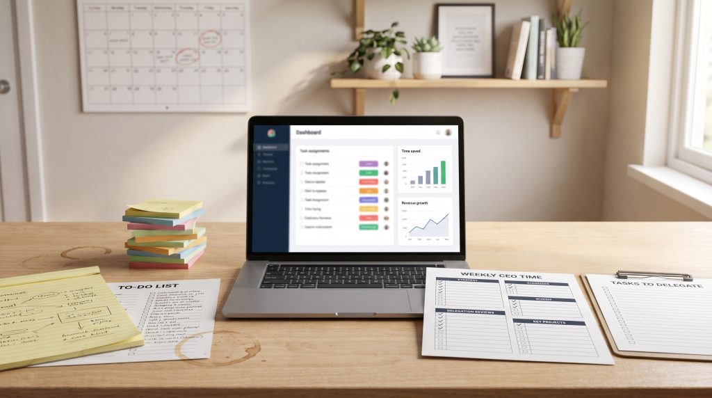 Laptop displaying a task management dashboard with graphs, surrounded by to-do lists and delegation planning sheets, illustrating business growth strategies and delegation techniques.