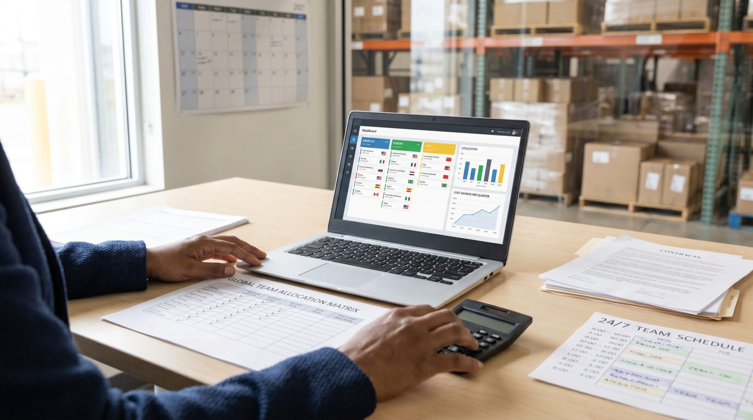 Person using a laptop displaying a dashboard with team allocation and cost savings data, alongside a calculator and printed schedules, in a warehouse setting, emphasizing virtual team management for business growth.
