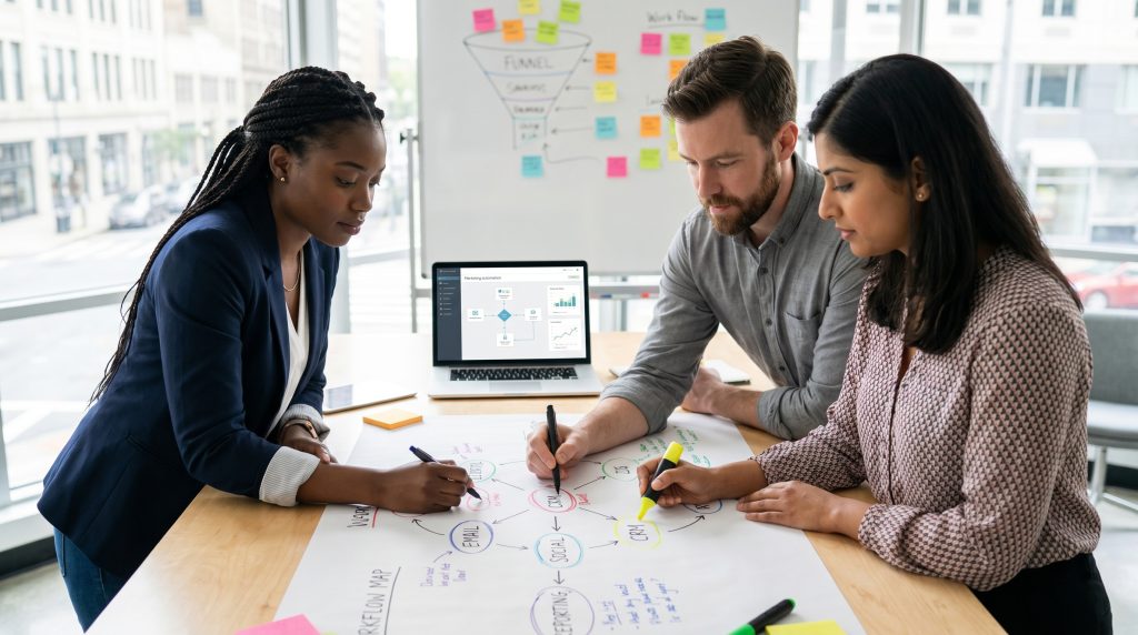 Three professionals collaborating at a table, analyzing a visual diagram related to business strategies, with a laptop displaying data in the background.
