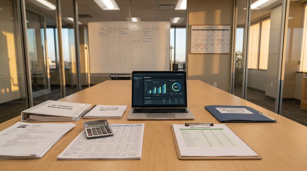Laptop displaying ROI dashboard with marketing materials, training agendas, and financial documents on a conference table in a modern office setting.