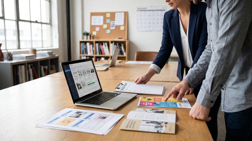 Two professionals collaborating at a wooden table, reviewing graphic design materials and a laptop displaying marketing resources, emphasizing marketing efficiency and outsourcing design.