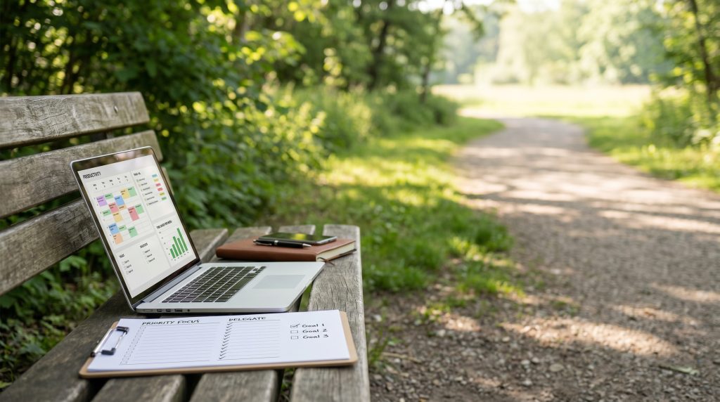 Laptop displaying project management tools on a bench, with a notepad for prioritizing tasks and a phone, set in a serene outdoor environment, emphasizing time management and productivity strategies.