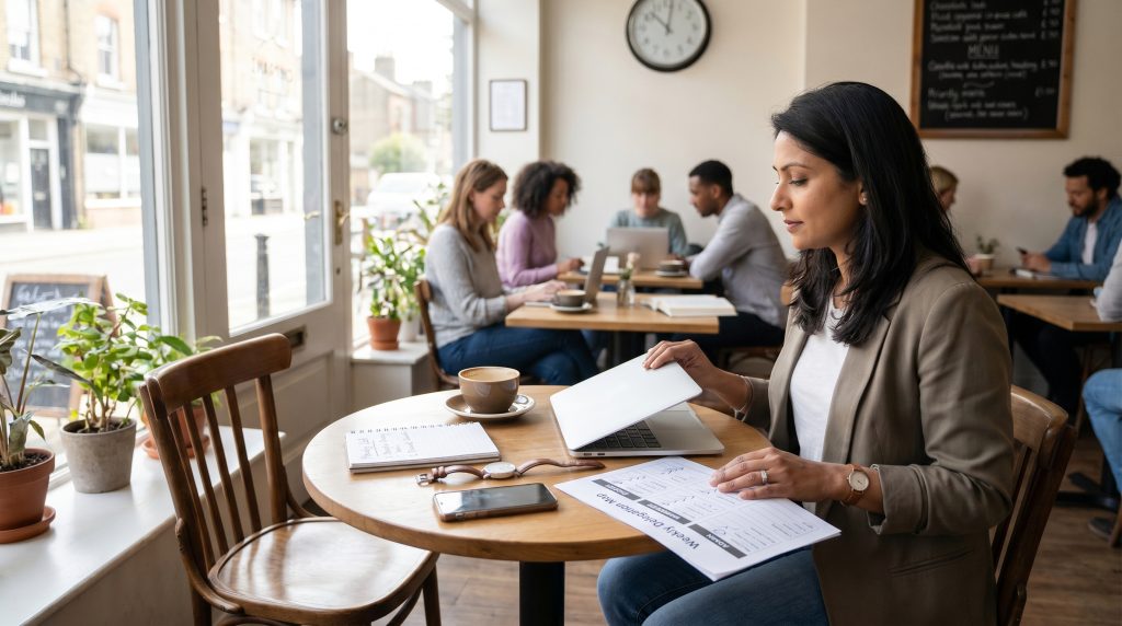 Woman reviewing documents at a café, surrounded by people working on laptops, emphasizing time management and delegation strategies for business owners.