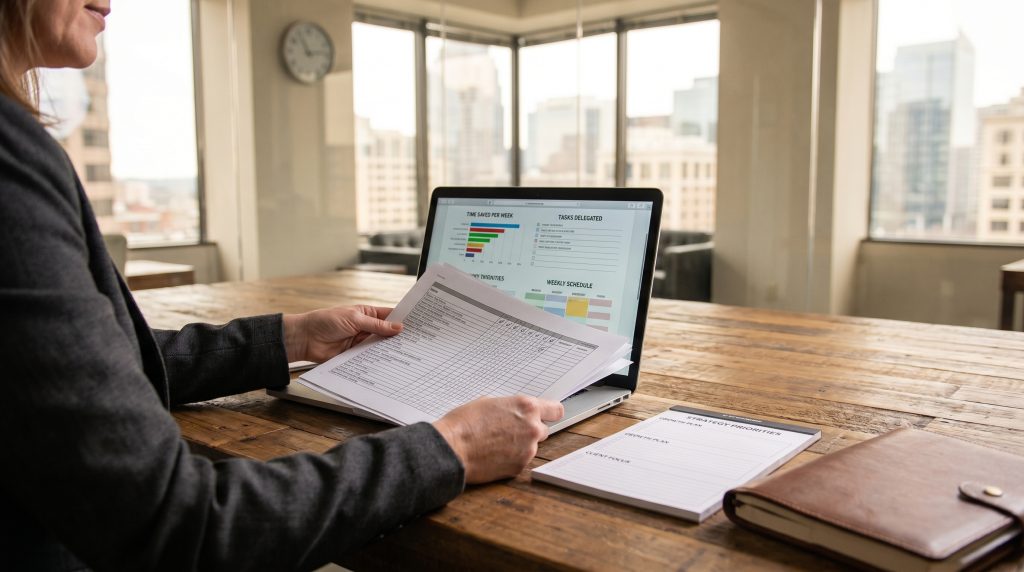 Person reviewing time management charts and documents on a laptop at a wooden desk, emphasizing productivity and administrative support.