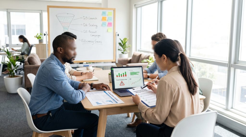 Business meeting with diverse professionals analyzing marketing efficiency data on a laptop, featuring charts and a whiteboard with strategic goals.