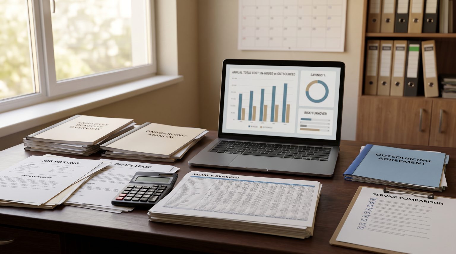 Desk with documents related to business operations, including job postings, onboarding manual, and salary analysis; laptop displaying graphs comparing costs of in-house versus outsourced services; calculator and folders labeled "Outsourcing Agreement" and "Service Comparison."