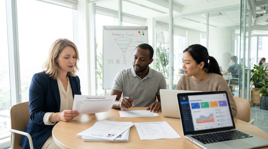 Group of professionals collaborating on digital marketing strategies, with documents and laptops on a table, showcasing productivity and teamwork in a modern office setting.