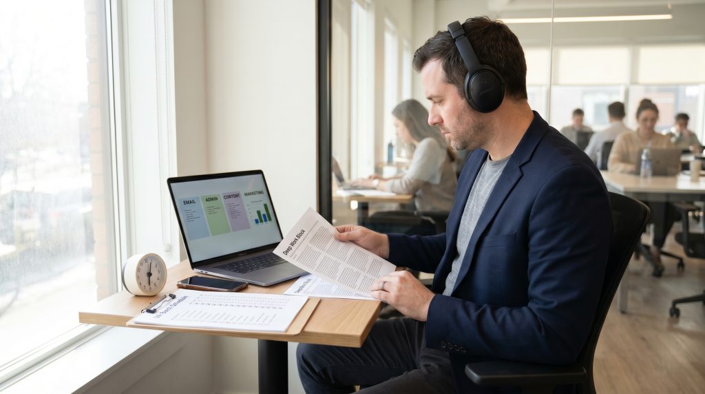 Business professional in a blazer and headphones reviewing documents at a desk with a laptop displaying productivity tasks like email, admin, content, and marketing.