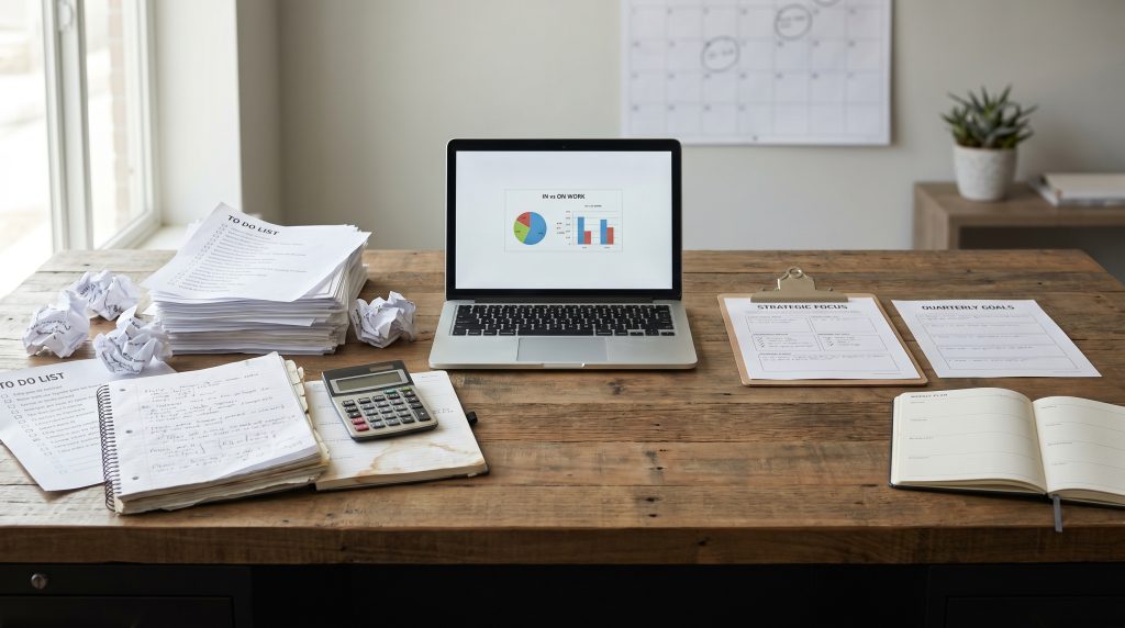 Workspace with laptop displaying business growth chart, to-do lists, notebooks, calculator, and organized documents for strategic planning and quarterly goals.
