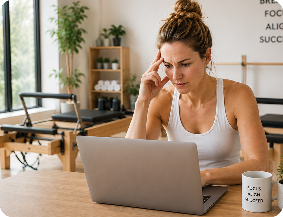 Studio owner stressed at a laptop between classes
