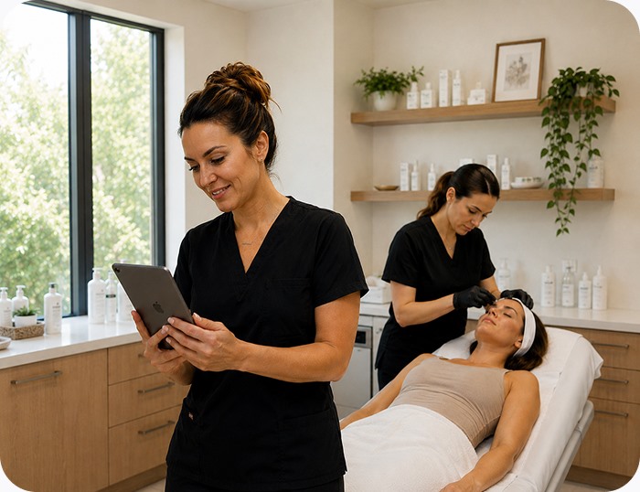 Med spa professional with tablet and esthetician treating a client
