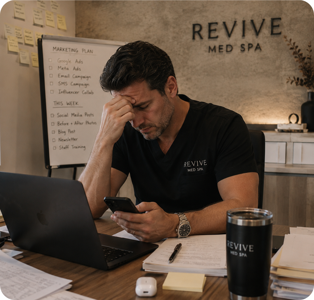 Overwhelmed med spa founder juggling DMs, bookings, reviews and missed calls
