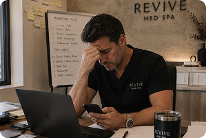 Overwhelmed med spa founder at a laptop with a marketing plan board