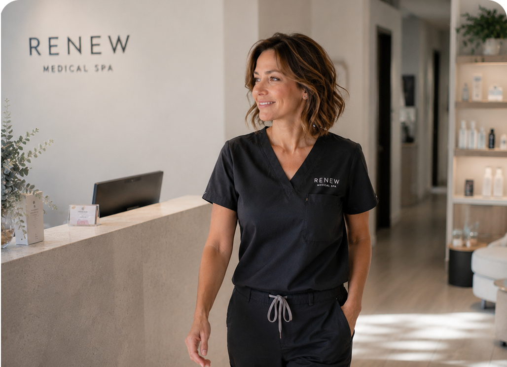 A calm med spa founder at the clinic with a Doer handling the work