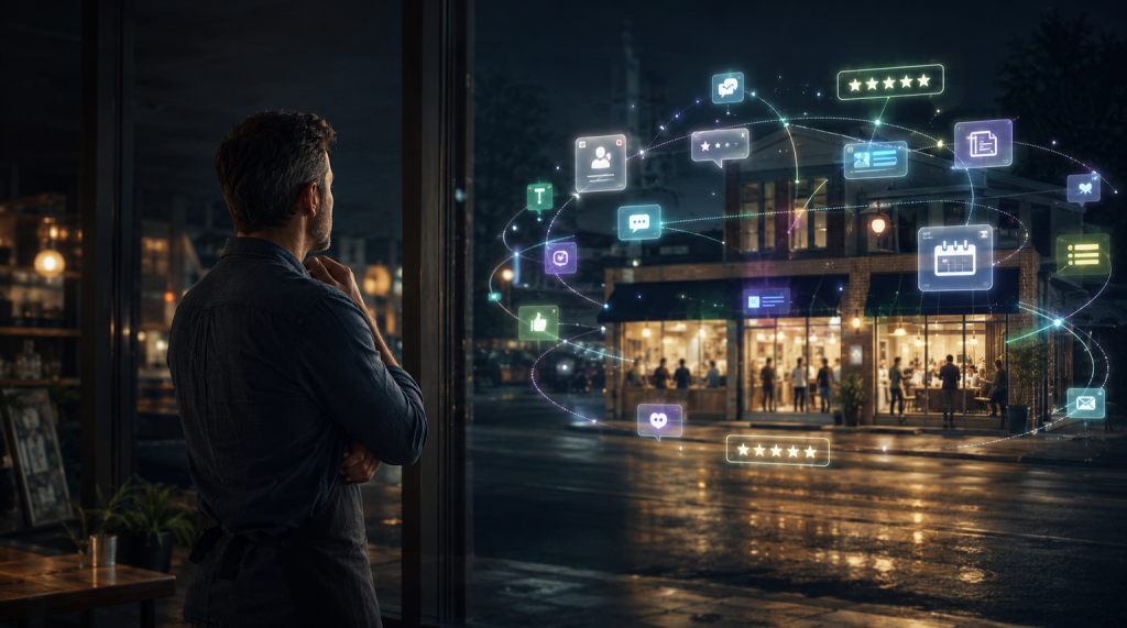 A small business owner watching a competitor appear everywhere online at once